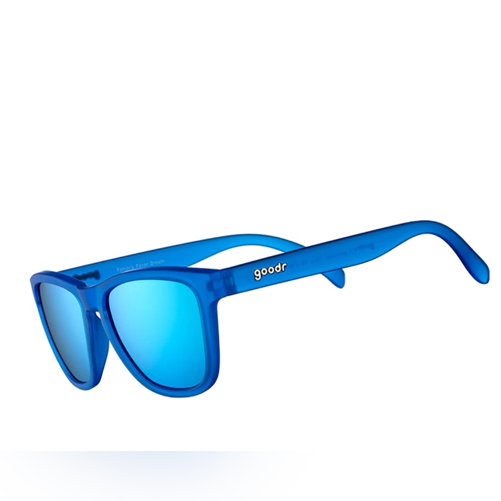 goodr OGs in blue with blue mirrored lenses (“Falkor’s Fever Dream”)